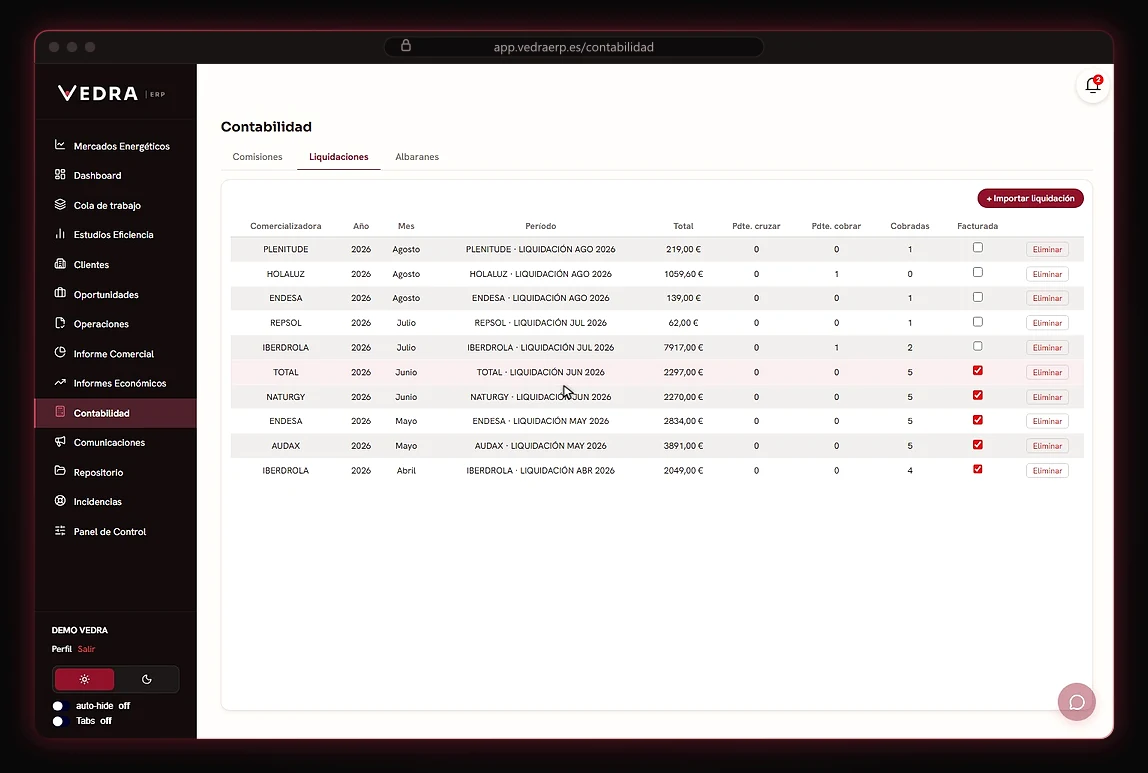 Recorrido animado por la Contabilidad de VEDRA ERP con el listado de operaciones, sus importes y los albaranes